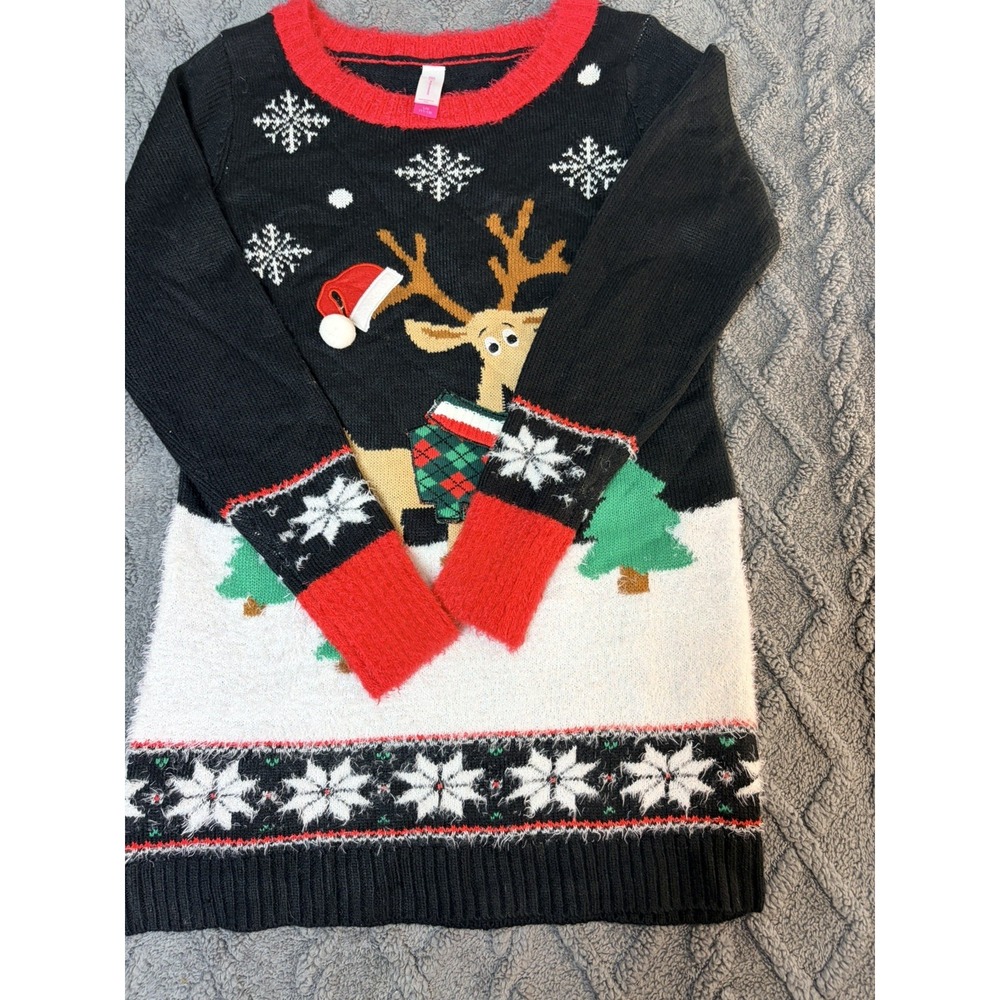 No Boundaries Reindeer Holiday Christmas Long Sweater Sz L 11-13 Santa Hat Snow